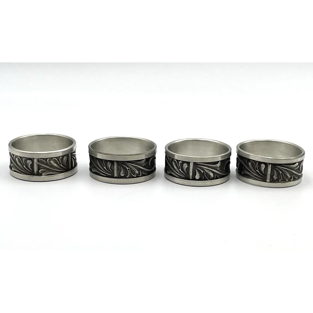 Vintage Set of 4 Norwegian Style Pewter Napkin Rings Embossed Scroll Design Box